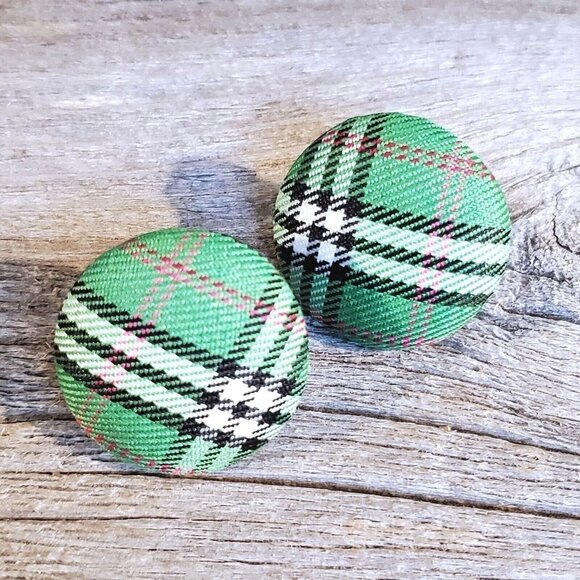 Green Black White Tartan Plaid Fabric Button Earrings - Picture 6 of 6